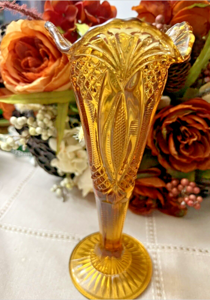 Vintage 10" Amber Glass Flared Vase File & Diamond Pattern