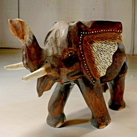 Large Wooden Elephant carved Indonesia trunk up 9x11 inches