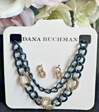 Dana Buckman Necklace Earrings  set Black Chain stud earrings