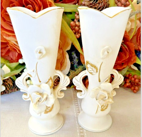 Pair of Bud Vases By Wales Japan Pat Pending 7 Inches tall