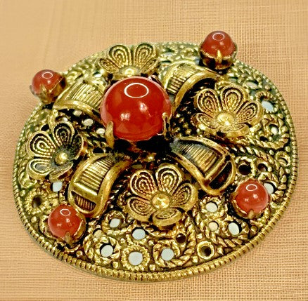 Brooch  round filigree flower brooch  with glass beads