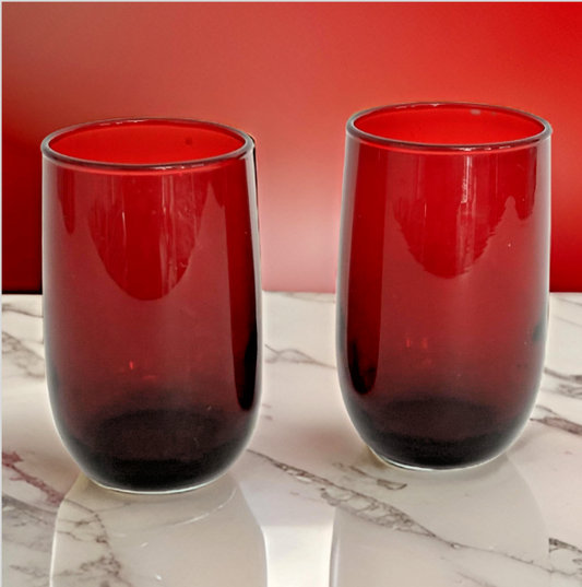 Vintage Lot of 2 Anchor Hocking Ruby Red 3 1/4" Tall Drinking Glasses