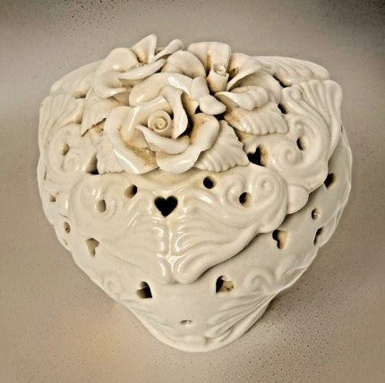 Porcelain White Heart Shaped Trinket Box With Flowers And Cut Out Hearts 3.5 inches