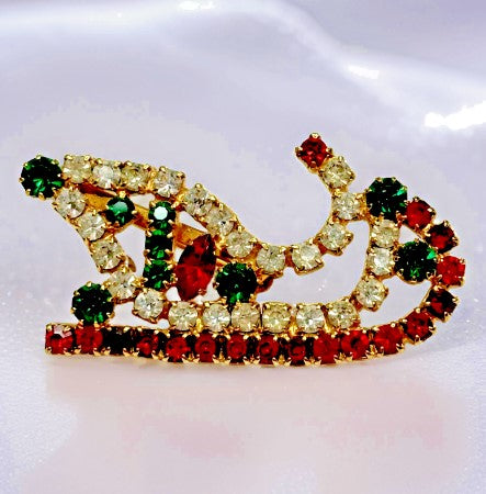 Brooch  Christmas Sleigh Design With Clear Red And Green Rhinestones  2 inches