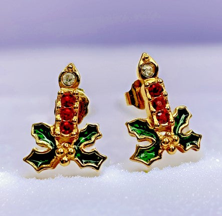 Vintage Avon Christmas Earrings, Small Candle Earrings 0.75 Inches