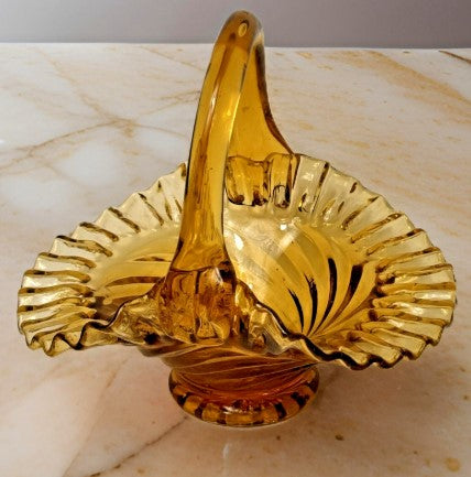 Vintage Glass Amber Ruffled Basket with swirl pattern and handle