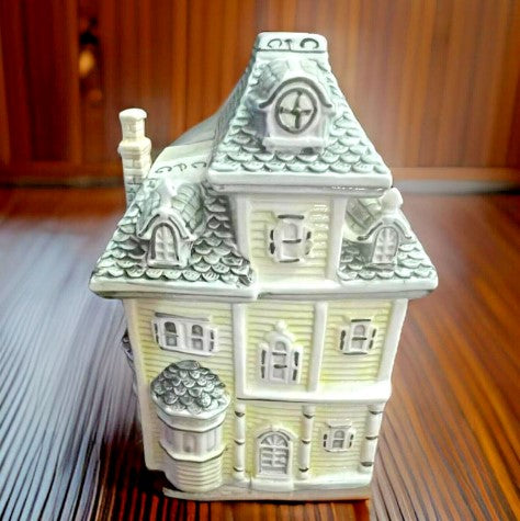 1970’s Yellow And Gray Victorian House Cookie Jar 10 Inches Tall