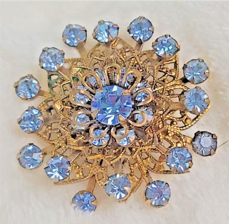 Brooch - 3D Vintage Baby Blue Rhinestone Flower 1.5 Inches