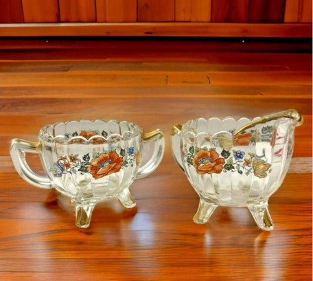 Westmoreland Cream And Sugar Bowl Clear  Glass With flowers