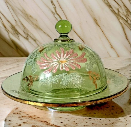 Hand painted Glass Dish With Lid  Green  6 Inches tall