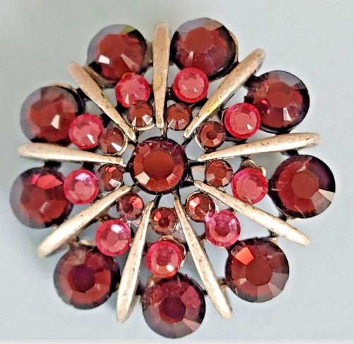 Brooch  vintage signed red pink crystal silvertone  1.5 Inches