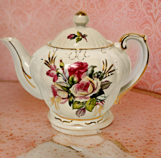 Vintage Porcelain Music Box Teapot Floral with Gold Trim, 6 1/4" (read)