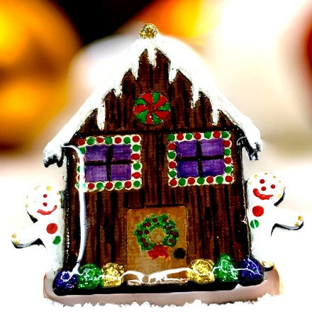 Brooch gingerbread house  enamel 2 inches