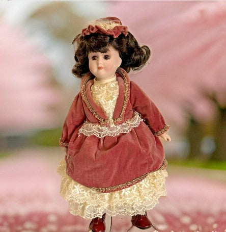 Porcelain Doll Victorian Dressed Maroon Velvet Dress  17 Inches