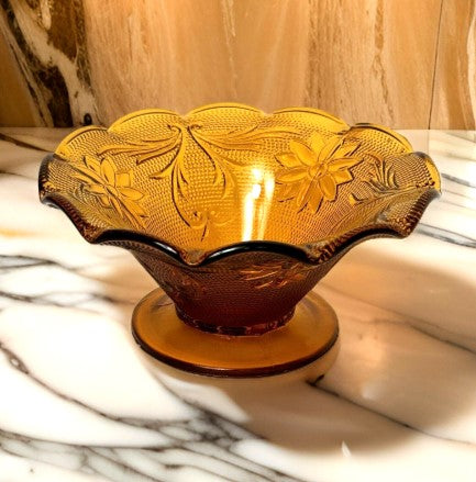 Vintage Tiara Amber Bowl Scalloped Crimped Edge Footed Indiana Glass 6" Wide