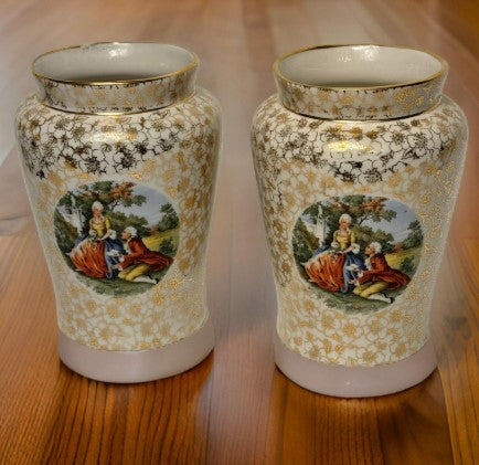 Pair Vintage Le Mieux China  24K Gold Hand Painted Porcelain Vases