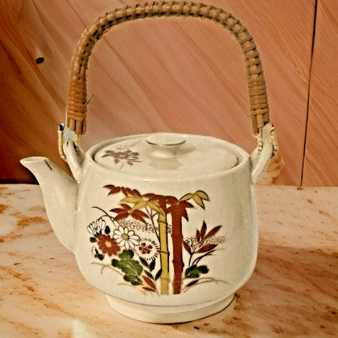 Teapot Japanese Floral & Bamboo  with Bamboo Handle