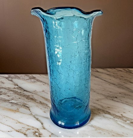 Large Blue Crackled Vase  9 Inches ruffled top Vintage