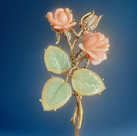 Brooch Nolan Miller Faux Jade and Coral Pin  in box 4 Inches