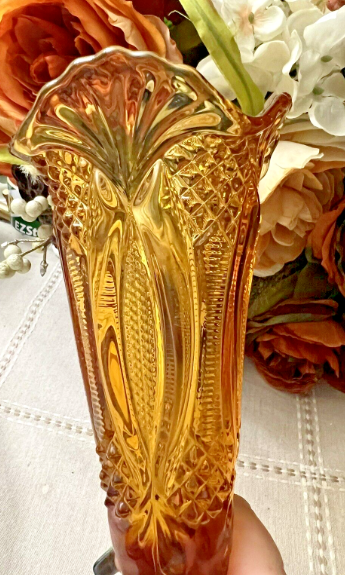 Vintage 10" Amber Glass Flared Vase File & Diamond Pattern