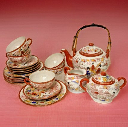 Japanese Kutani Style Full Tea Set Eggshell Porcelain Geisha 20 Piece (read)