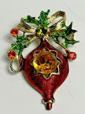 Brooch Vintage Goldtone Red Christmas Ornament  Pin 1.75 inches