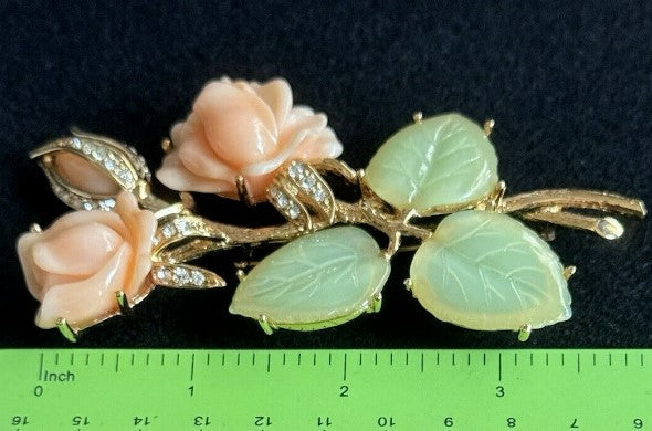 Brooch Nolan Miller Faux Jade and Coral Pin  in box 4 Inches