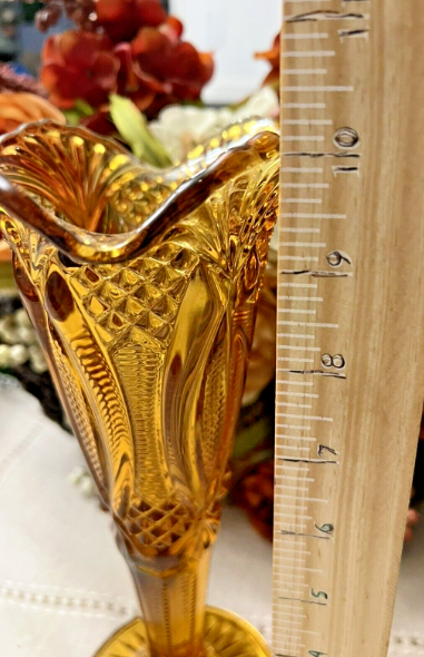 Vintage 10" Amber Glass Flared Vase File & Diamond Pattern