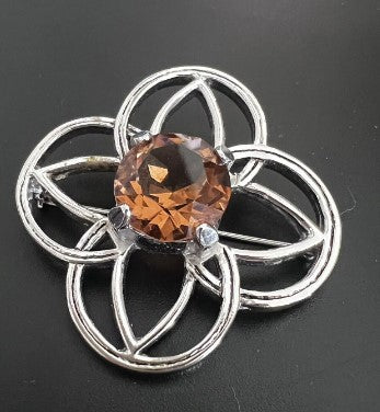 Brooch - Celtic Knot Brooch with large amber glass stone  1.75 Inches