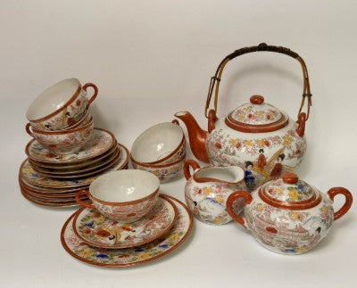 Japanese Kutani Style Full Tea Set Eggshell Porcelain Geisha 20 Piece (read)