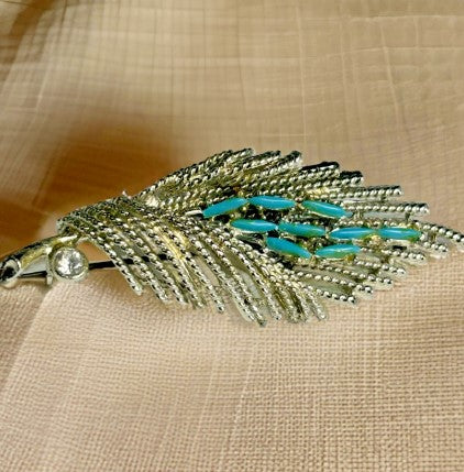 Brooch- Enamal Feather Silver Tone Brooch Vintage 2.75 Inches