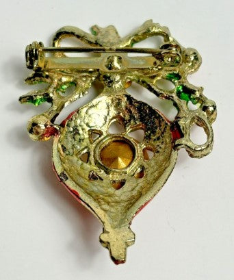 Brooch Vintage Goldtone Red Christmas Ornament  Pin 1.75 inches