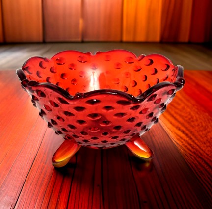 Amberina Hobnail Glass Candy Dish 3 Footed Bowl Ruffled Edge (Glows)