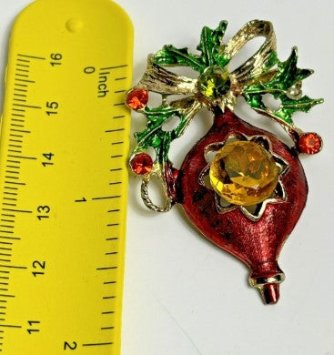 Brooch Vintage Goldtone Red Christmas Ornament  Pin 1.75 inches