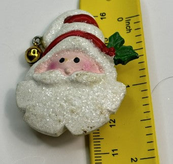 Brooch- vintage Santa  glitter and bell and holly 1.5 inches