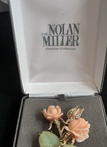 Brooch Nolan Miller Faux Jade and Coral Pin  in box 4 Inches