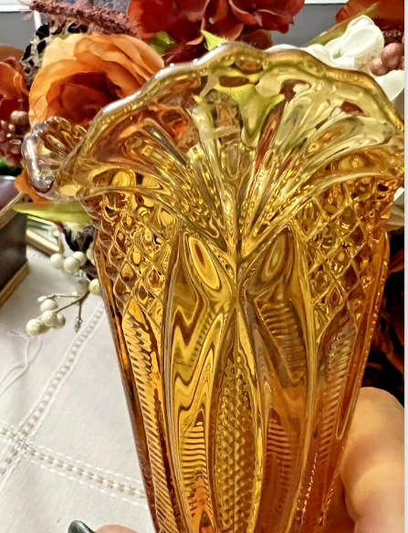 Vintage 10" Amber Glass Flared Vase File & Diamond Pattern