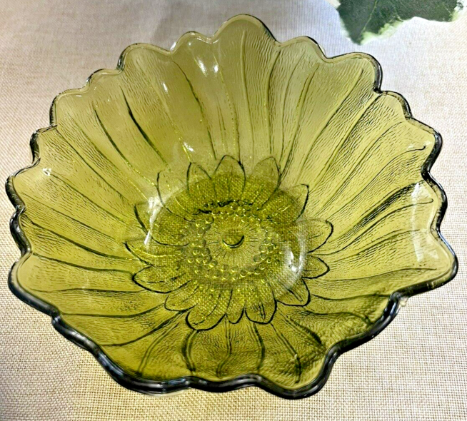 Vintage Sunflower Bowl Indiana Glass Green Depression Candy Dish 3" Tall