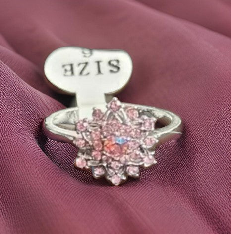 Ring Pink Rhinestone Size 6 Silvertone