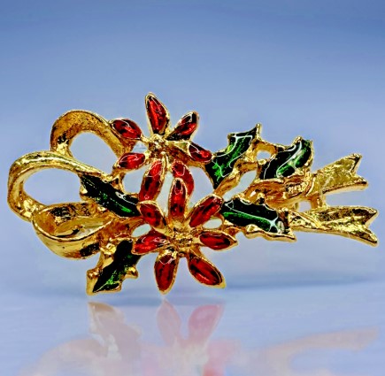 Brooch Vintage  Enamel -Gold Tone Christmas  Poinsettia 1.25 Inches