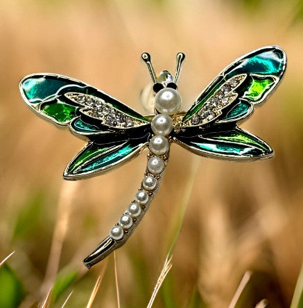 Dragon Fly Brooch Enamel and Rhinestone 2 Inch Green