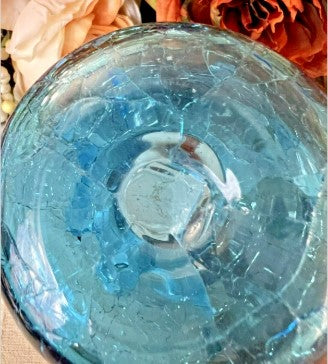 Blue Cracked Glass Hand Blown Vase  4 Inches