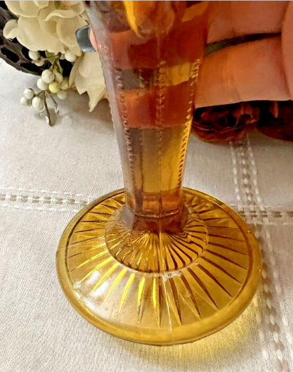 Vintage 10" Amber Glass Flared Vase File & Diamond Pattern