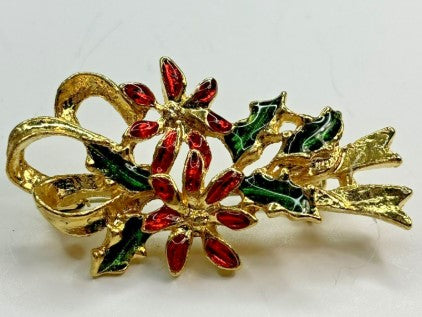 Brooch Vintage  Enamel -Gold Tone Christmas  Poinsettia 1.25 Inches