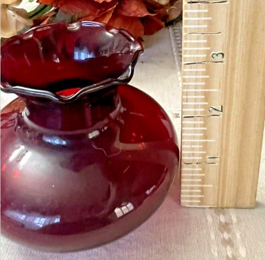 Vintage Ruby Red 3.5" Glass Bud Vases Ruffled Top Edge