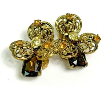 Vintage Unsigned W. Germany Earrings 1 inch rhinestone goldtone