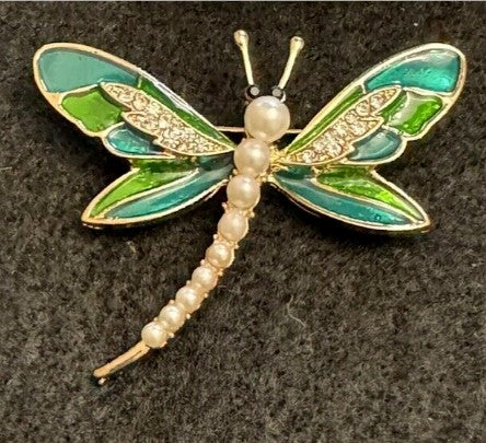 Dragon Fly Brooch Enamel and Rhinestone 2 Inch Green