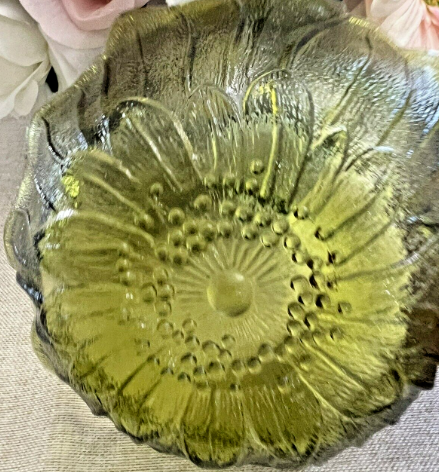 Vintage Sunflower Bowl Indiana Glass Green Depression Candy Dish 3" Tall