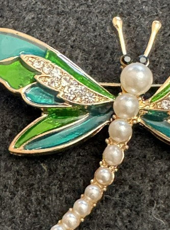 Dragon Fly Brooch Enamel and Rhinestone 2 Inch Green