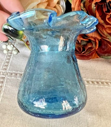 Blue Cracked Glass Hand Blown Vase  4 Inches